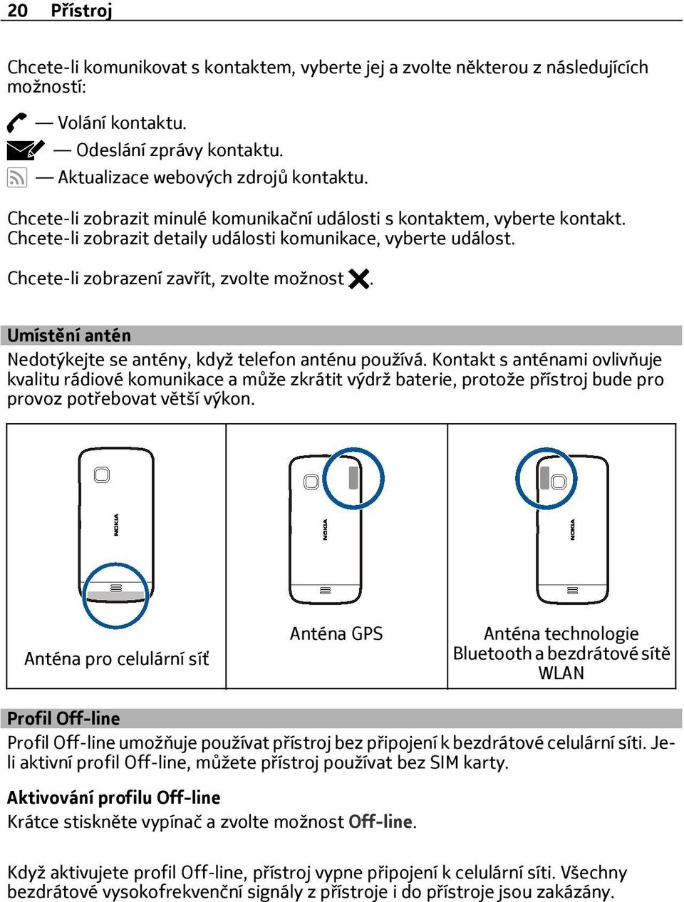 Umístění antén Nedotýkejte se antény, když telefon anténu používá.