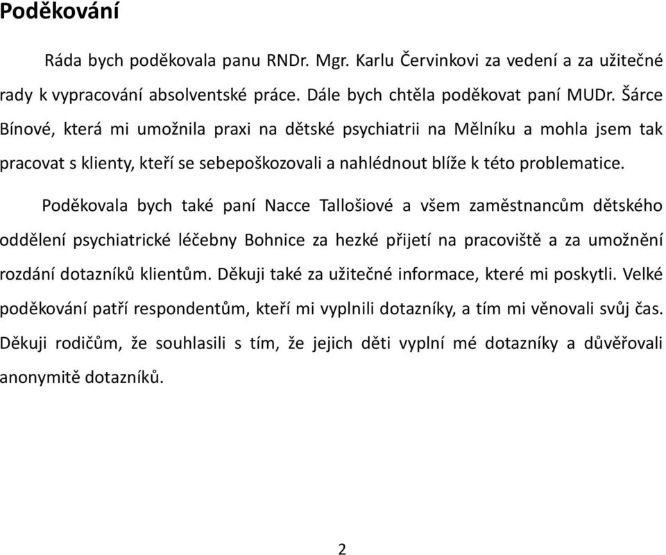 Poděkovala bych také paní Nacce Tallošiové a všem zaměstnancům dětského oddělení psychiatrické léčebny Bohnice za hezké přijetí na pracoviště a za umožnění rozdání dotazníků klientům.