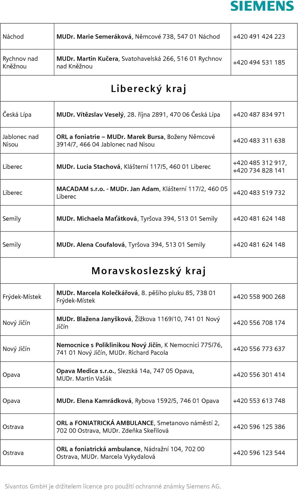 října 2891, 470 06 Česká Lípa +420 487 834 971 Jablonec nad Nisou ORL a foniatrie MUDr. Marek Bursa, Boženy Němcové 3914/7, 466 04 Jablonec nad Nisou +420 483 311 638 Liberec MUDr.