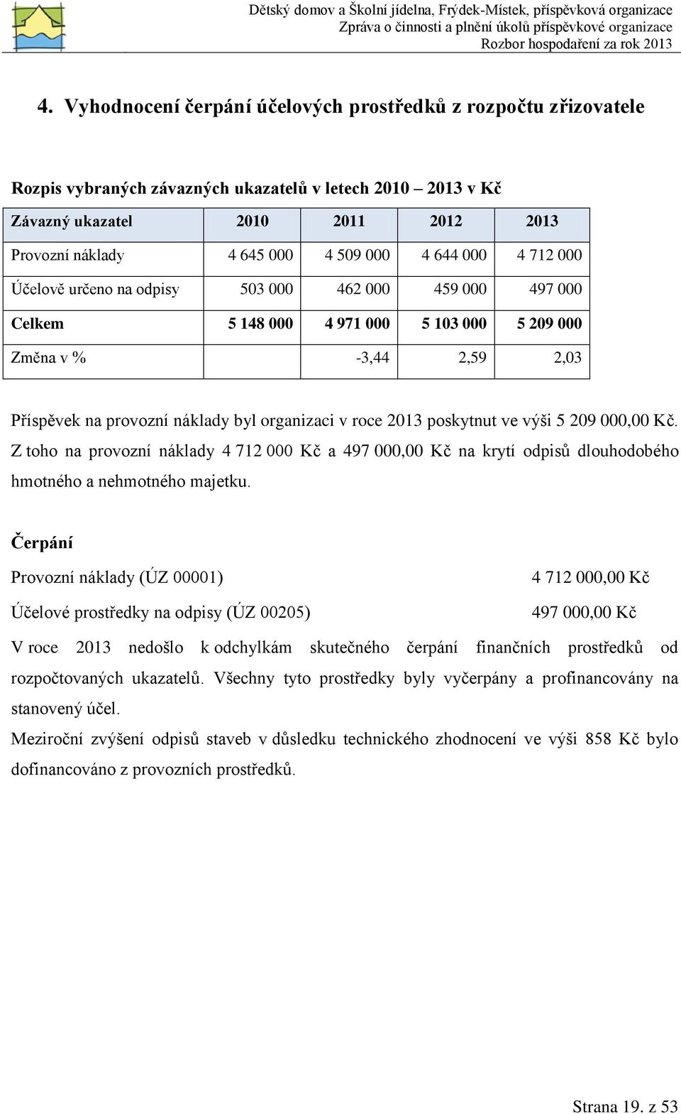 v roce 2013 poskytnut ve výši 5 209 000,00 Kč. Z toho na provozní náklady 4 712 000 Kč a 497 000,00 Kč na krytí odpisů dlouhodobého hmotného a nehmotného majetku.