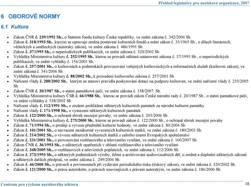 , o neperiodických publikacích, ve znění zákona č. 320/2002 Sb. Vyhláška Ministerstva kultury č. 252/1995 Sb., kterou se provádí některá ustanovení zákona č. 37/1995 Sb.