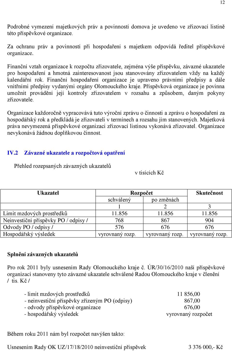 Finanční vztah organizace k rozpočtu zřizovatele, zejména výše příspěvku, závazné ukazatele pro hospodaření a hmotná zainteresovanost jsou stanovovány zřizovatelem vždy na každý kalendářní rok.