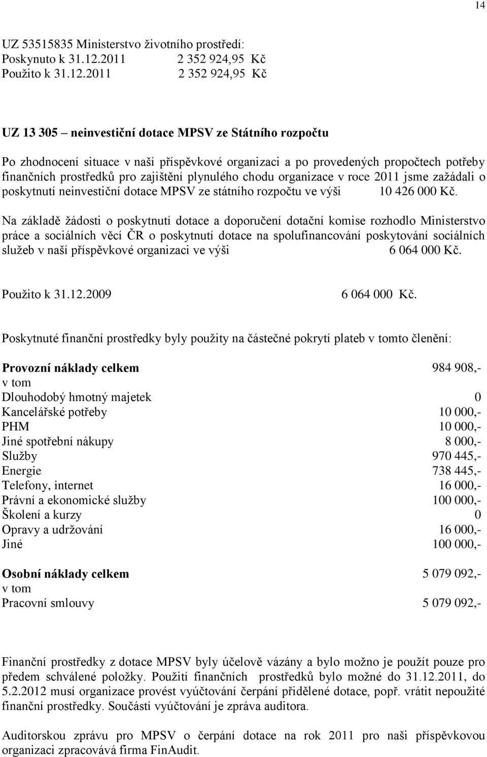 2011 2 352 924,95 Kč UZ 13 305 neinvestiční dotace MPSV ze Státního rozpočtu Po zhodnocení situace v naší příspěvkové organizaci a po provedených propočtech potřeby finančních prostředků pro