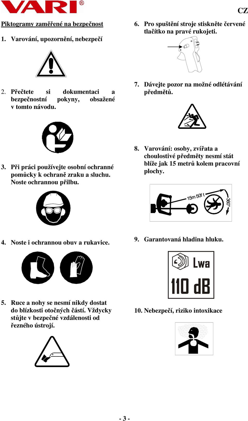 Při práci používejte osobní ochranné pomůcky k ochraně zraku a sluchu. Noste ochrannou přilbu. 8.