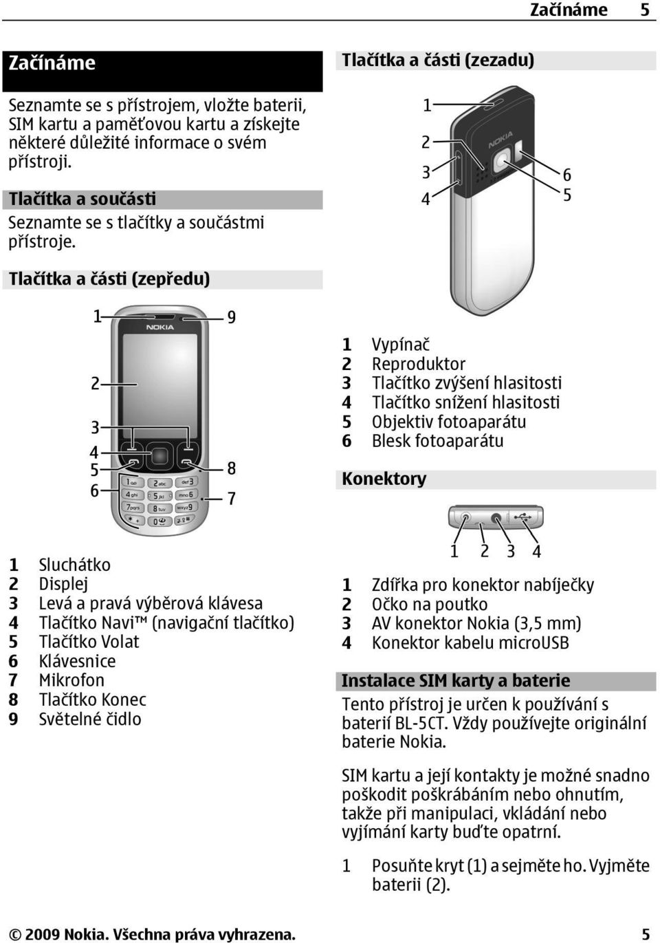 Tlačítka a části (zepředu) 1 Vypínač 2 Reproduktor 3 Tlačítko zvýšení hlasitosti 4 Tlačítko snížení hlasitosti 5 Objektiv fotoaparátu 6 Blesk fotoaparátu Konektory 1 Sluchátko 2 Displej 3 Levá a