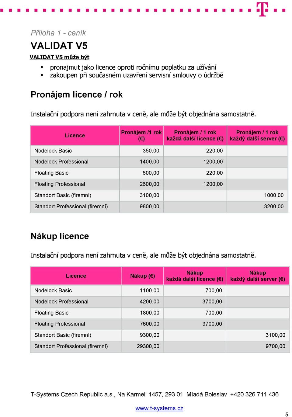 Standort Basic (firemní) 3100,00 1000,00 Standort Professional (firemní) 9800,00 3200,00 Nákup licence Nákup ( ) Nákup každá další licence ( ) Nákup Nodelock Basic 1100,00 700,00