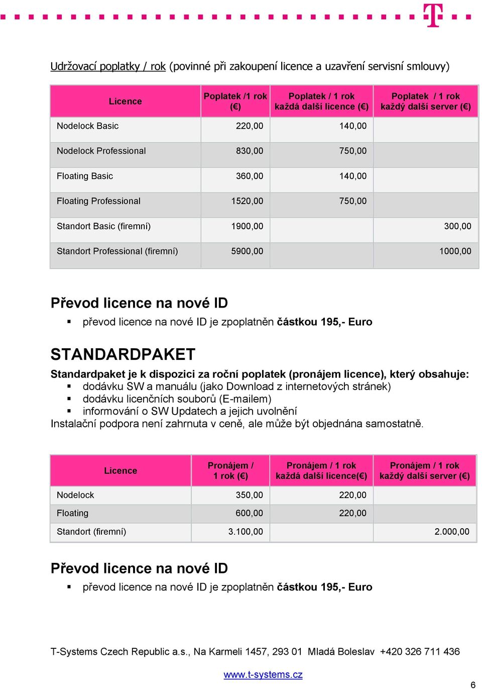 licence na nové ID převod licence na nové ID je zpoplatněn částkou 195,- Euro STANDARDPAKET Standardpaket je k dispozici za roční poplatek (pronájem licence), který obsahuje: dodávku SW a manuálu