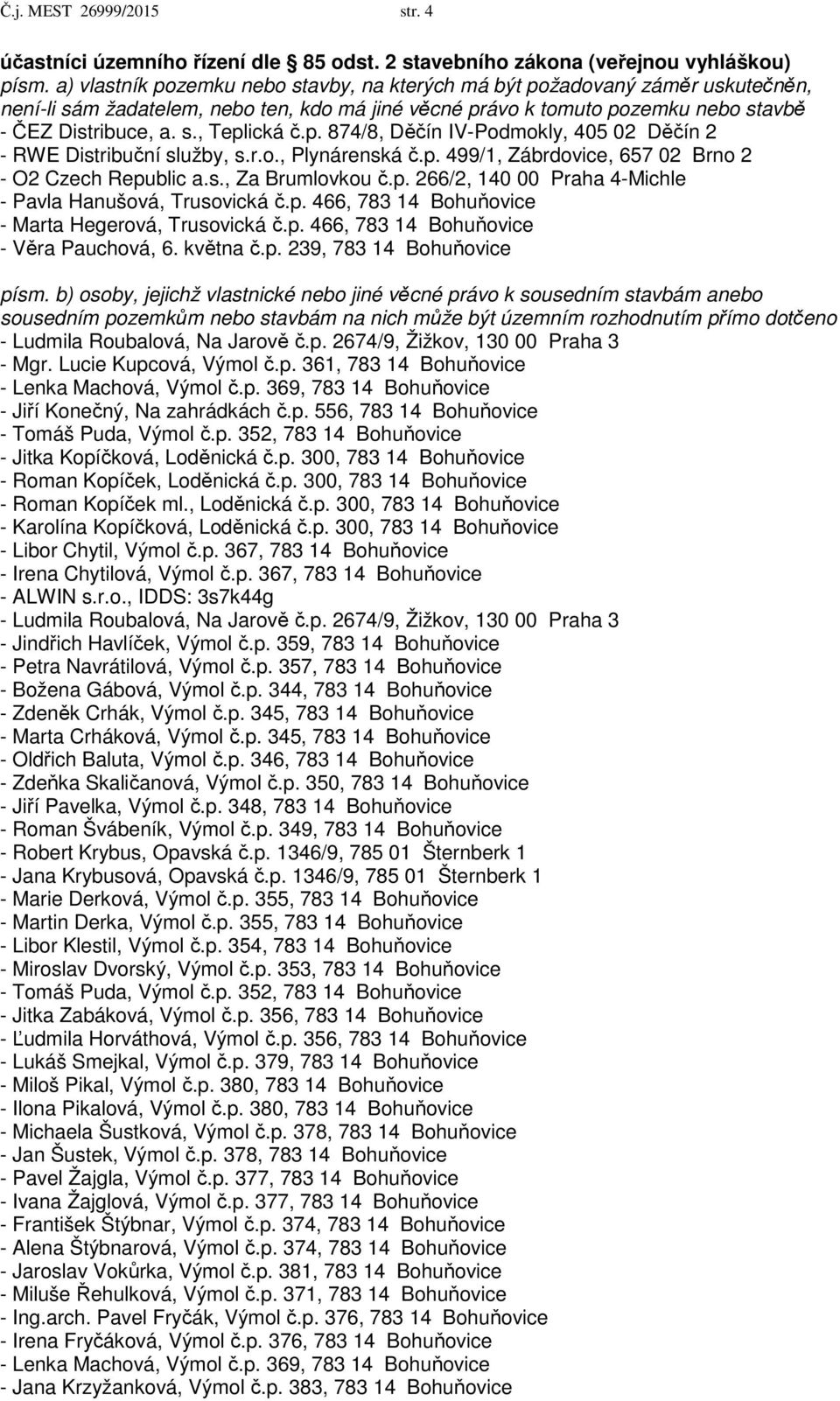 p. 874/8, Děčín IV-Podmokly, 405 02 Děčín 2 - RWE Distribuční služby, s.r.o., Plynárenská č.p. 499/1, Zábrdovice, 657 02 Brno 2 - O2 Czech Republic a.s., Za Brumlovkou č.p. 266/2, 140 00 Praha 4-Michle - Pavla Hanušová, Trusovická č.