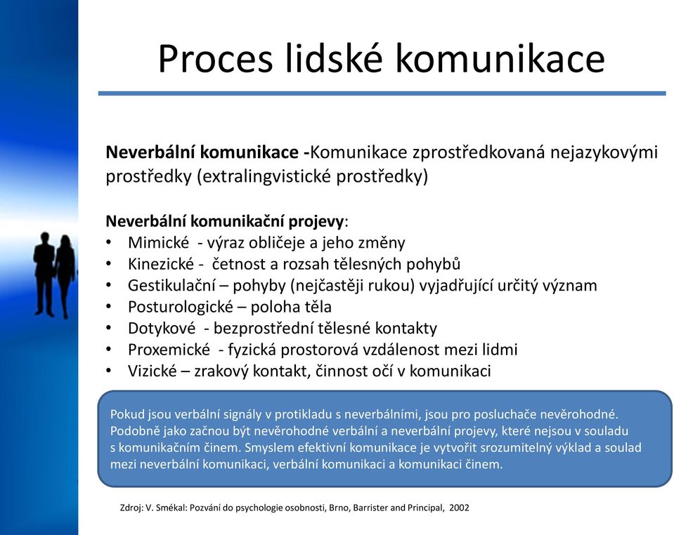 vzdálenost mezi lidmi Vizické zrakový kontakt, činnost očí v komunikaci Pokud jsou verbální signály v protikladu s neverbálními, jsou pro posluchače nevěrohodné.