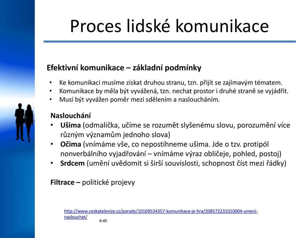 Naslouchání Ušima (odmalička, učíme se rozumět slyšenému slovu, porozumění více různým významům jednoho slova) Očima (vnímáme vše, co nepostihneme ušima. Jde o tzv.