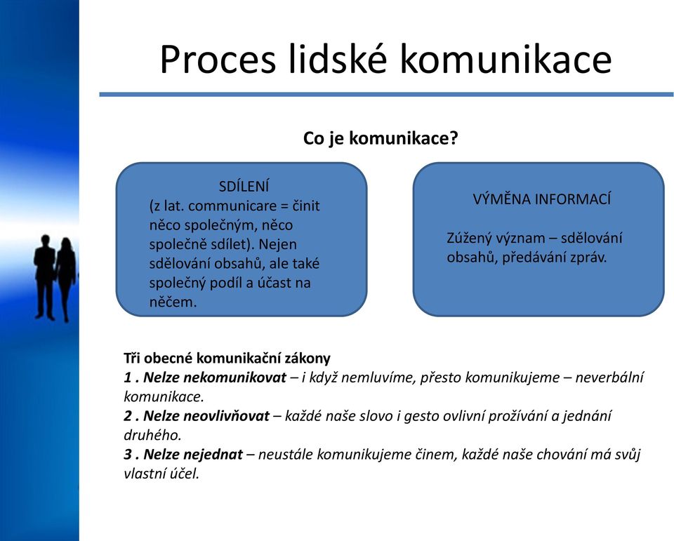 VÝMĚNA INFORMACÍ Zúžený význam sdělování obsahů, předávání zpráv. Tři obecné komunikační zákony 1.