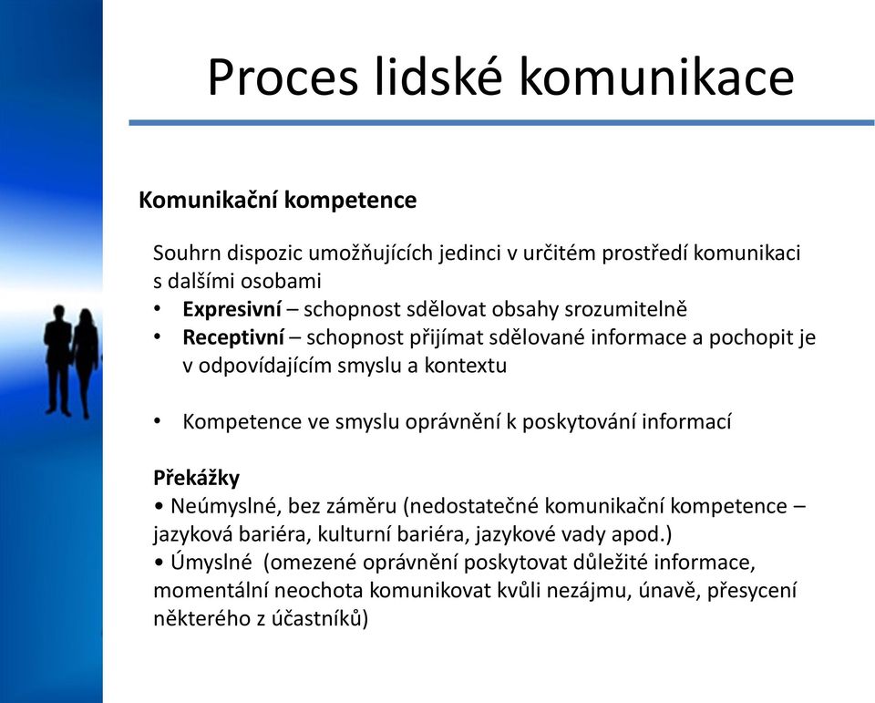 poskytování informací Překážky Neúmyslné, bez záměru (nedostatečné komunikační kompetence jazyková bariéra, kulturní bariéra, jazykové vady apod.