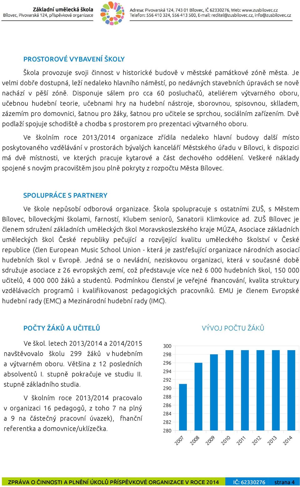 Disponuje sálem pro cca 60 posluchačů, ateliérem výtvarného oboru, učebnou hudební teorie, učebnami hry na hudební nástroje, sborovnou, spisovnou, sklladem, zázemím pro domovnici, šatnou pro žáky,