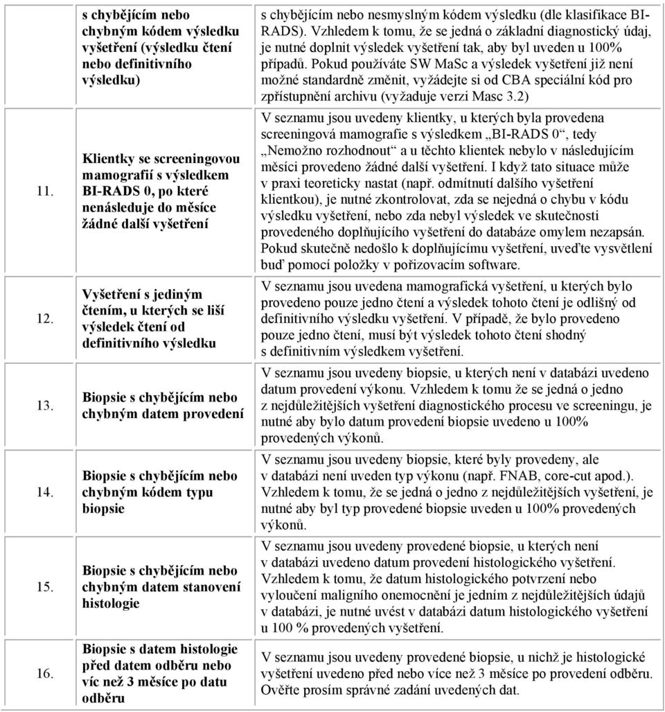 jediným čtením, u kterých se liší výsledek čtení od definitivního výsledku chybným datem provedení chybným kódem typu biopsie chybným datem stanovení histologie Biopsie s datem histologie před datem