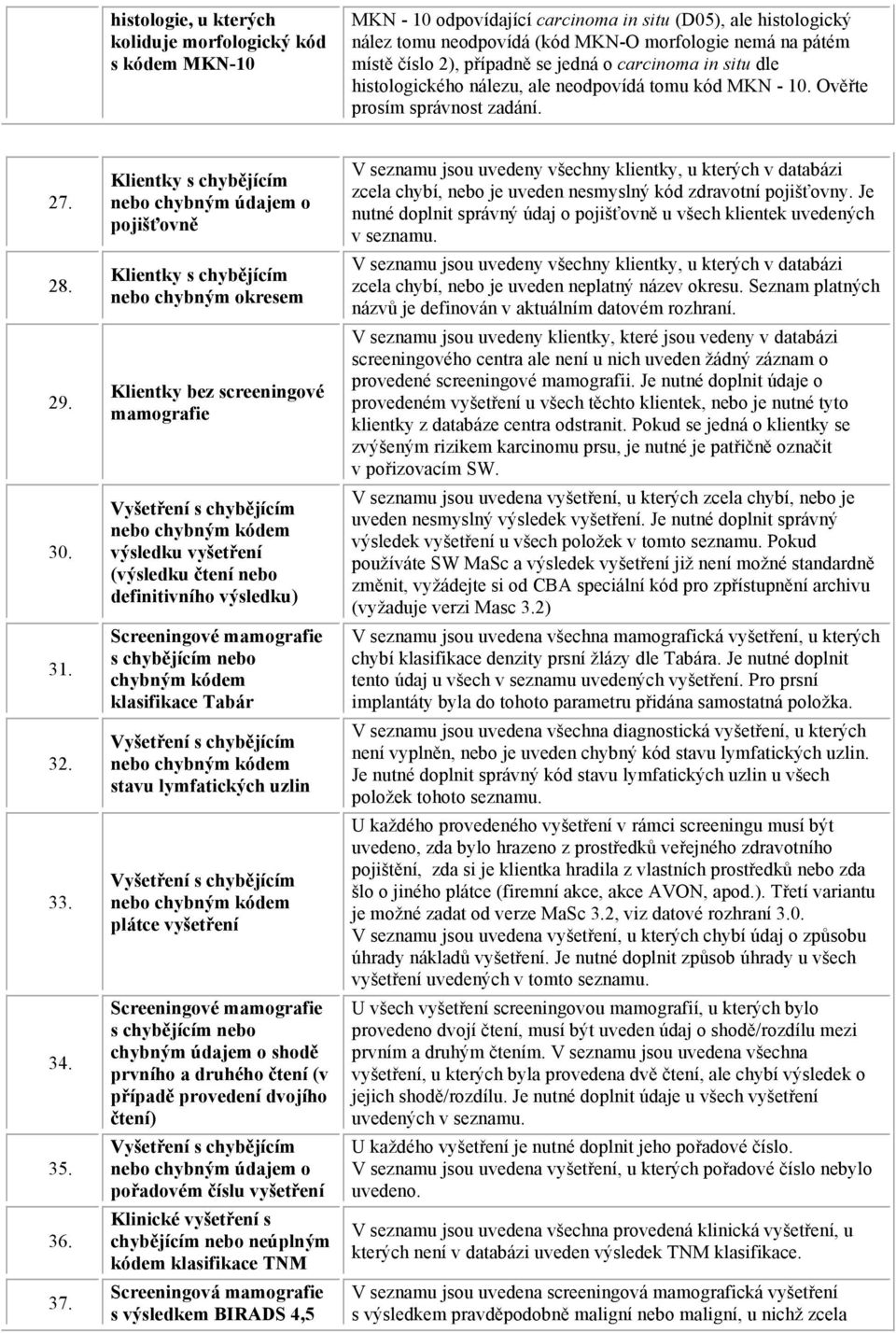 Klientky s chybějícím nebo chybným údajem o pojišťovně Klientky s chybějícím nebo chybným okresem Klientky bez screeningové mamografie Vyšetření s chybějícím nebo chybným kódem výsledku vyšetření