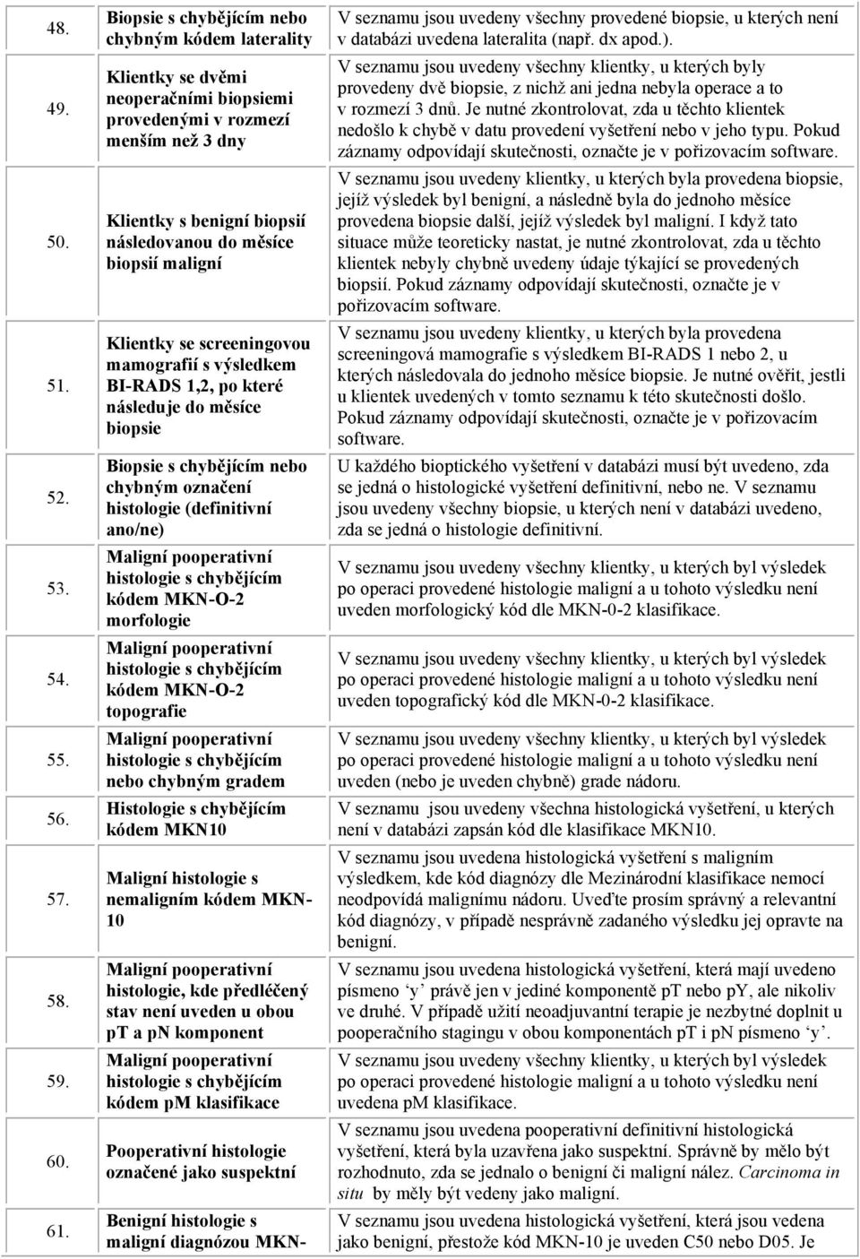 BI-RADS 1,2, po které následuje do měsíce biopsie chybným označení histologie (definitivní ano/ne) kódem MKN-O-2 morfologie kódem MKN-O-2 topografie nebo chybným gradem Histologie s chybějícím kódem