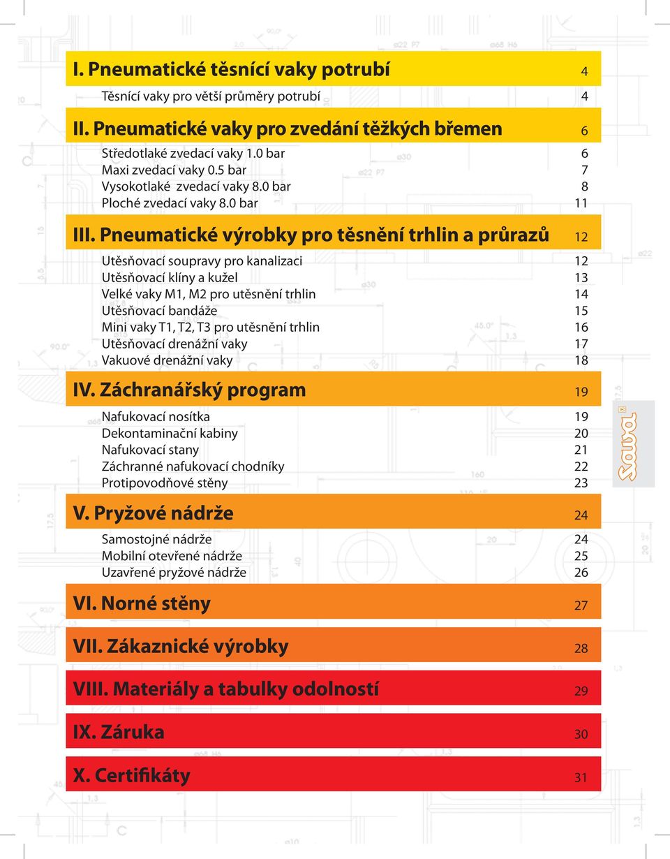 Pneumatické výrobky pro těsnění trhlin a průrazů 12 Utěsňovací soupravy pro kanalizaci 12 Utěsňovací klíny a kužel 13 Velké vaky M1, M2 pro utěsnění trhlin 14 Utěsňovací bandáže 15 Mini vaky T1, T2,