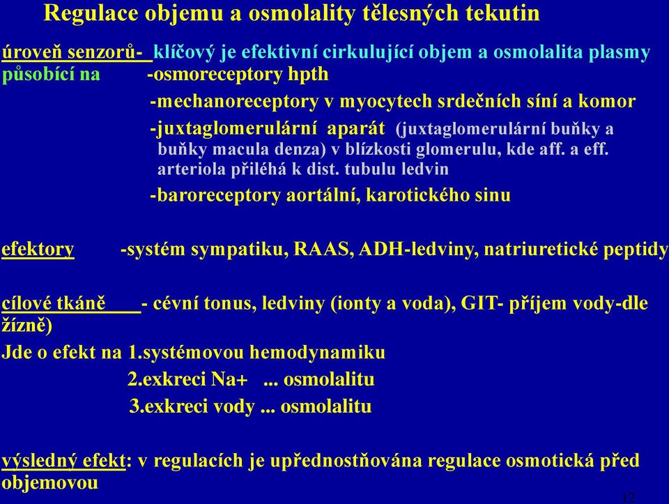 tubulu ledvin -baroreceptory aortální, karotického sinu efektory -systém sympatiku, RAAS, ADH-ledviny, natriuretické peptidy cílové tkáně - cévní tonus, ledviny (ionty a voda), GIT-