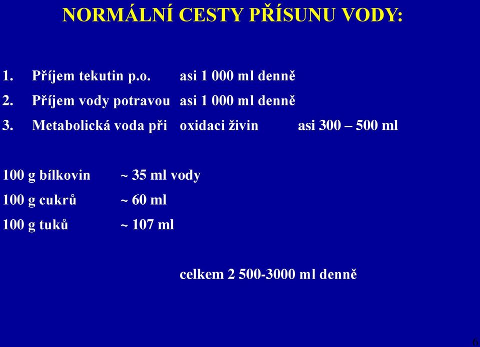 Metabolická voda při oxidaci živin asi 300 500 ml 100 g bílkovin