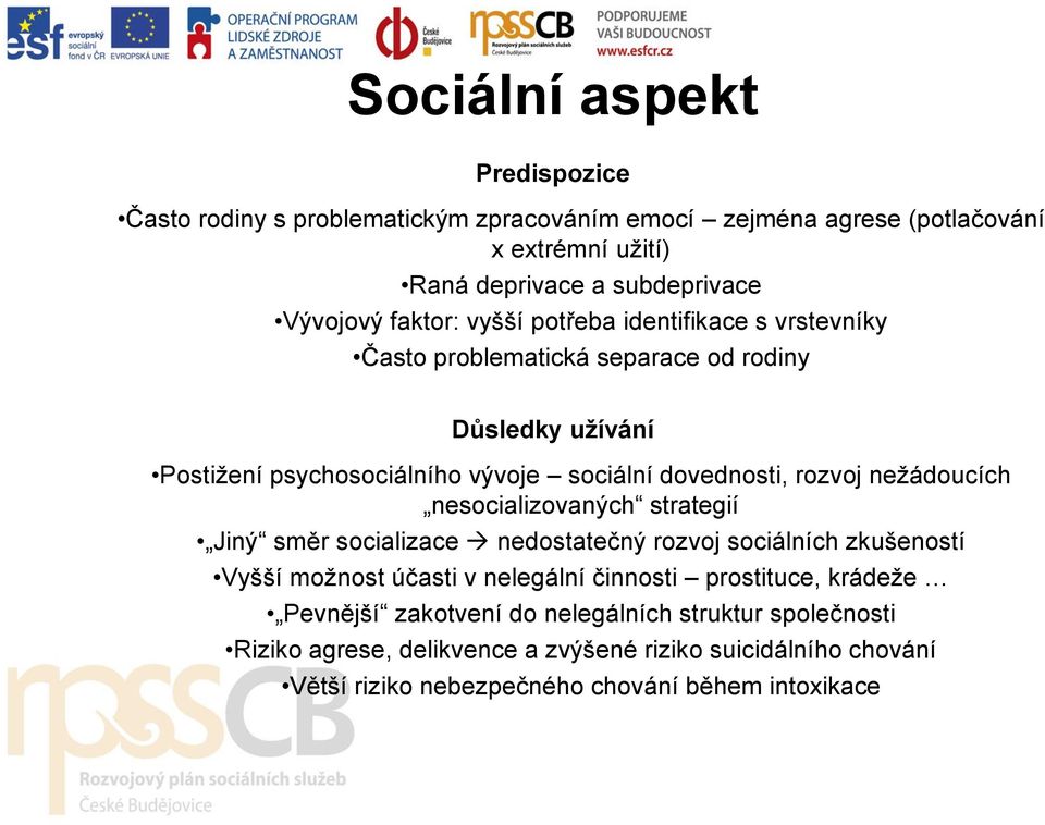 nežádoucích nesocializovaných strategií Jiný směr socializace nedostatečný rozvoj sociálních zkušeností Vyšší možnost účasti v nelegální činnosti prostituce, krádeže