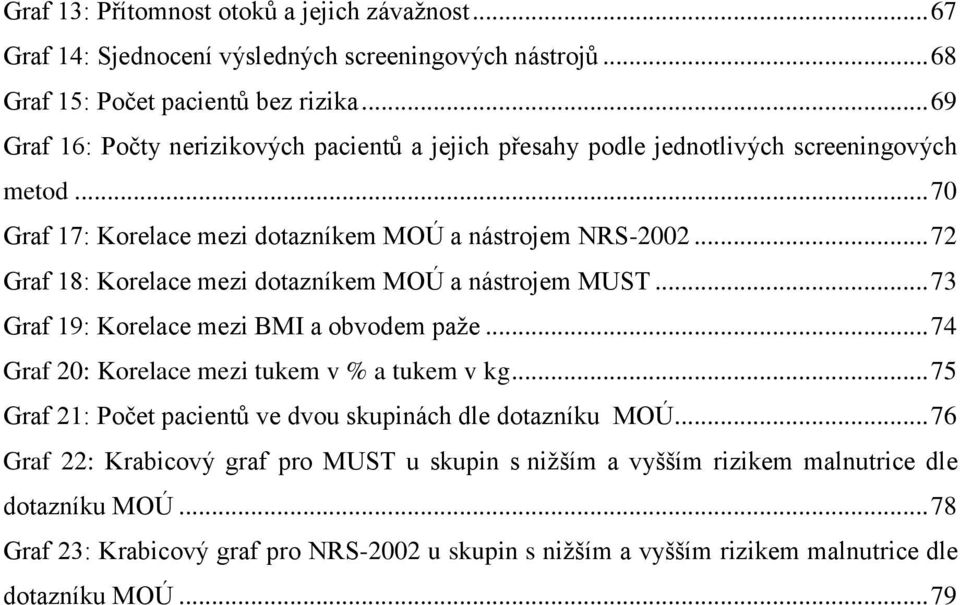 .. 72 Graf 18: Korelace mezi dotazníkem MOÚ a nástrojem MUST... 73 Graf 19: Korelace mezi BMI a obvodem paže... 74 Graf 20: Korelace mezi tukem v % a tukem v kg.