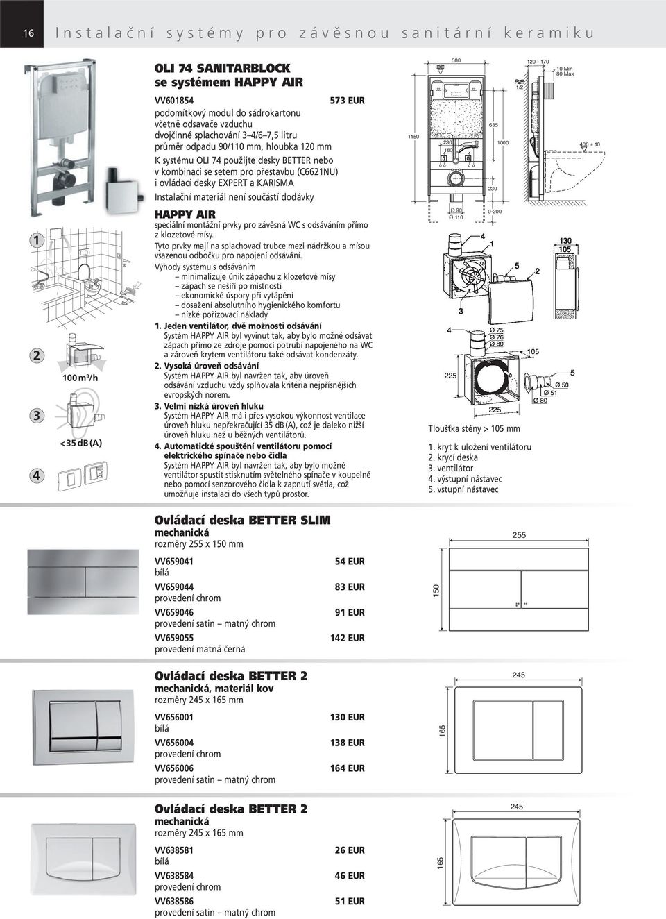 (C6621NU) i ovládací desky EXPERT a KARISMA Instalační materiál není součástí dodávky HAPPY AIR speciální montážní prvky pro závěsná WC s odsáváním přímo z klozetové mísy.