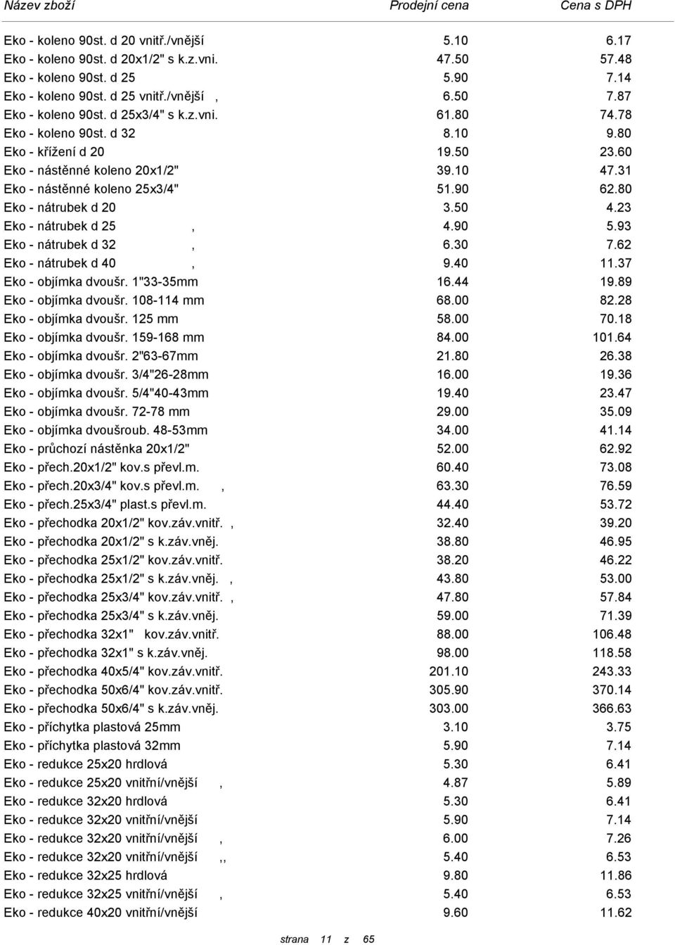 90 62.80 Eko - nátrubek d 20 3.50 4.23 Eko - nátrubek d 25, 4.90 5.93 Eko - nátrubek d 32, 6.30 7.62 Eko - nátrubek d 40, 9.40 11.37 Eko - objímka dvoušr. 1"33-35mm 16.44 19.89 Eko - objímka dvoušr.