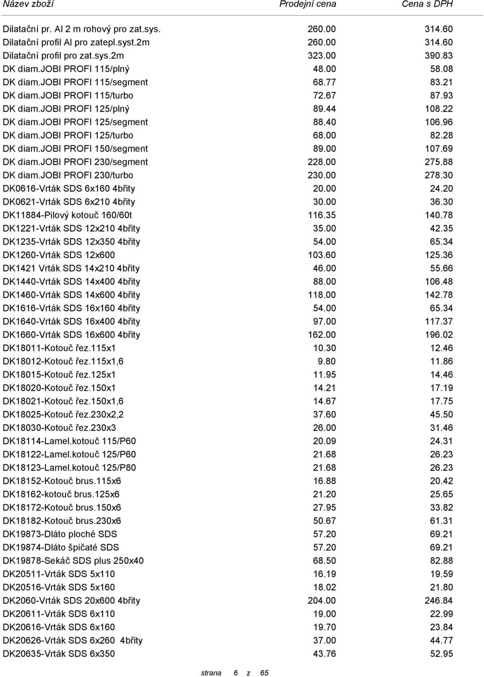 jobi PROFI 125/turbo 68.00 82.28 DK diam.jobi PROFI 150/segment 89.00 107.69 DK diam.jobi PROFI 230/segment 228.00 275.88 DK diam.jobi PROFI 230/turbo 230.00 278.30 DK0616-Vrták SDS 6x160 4břity 20.