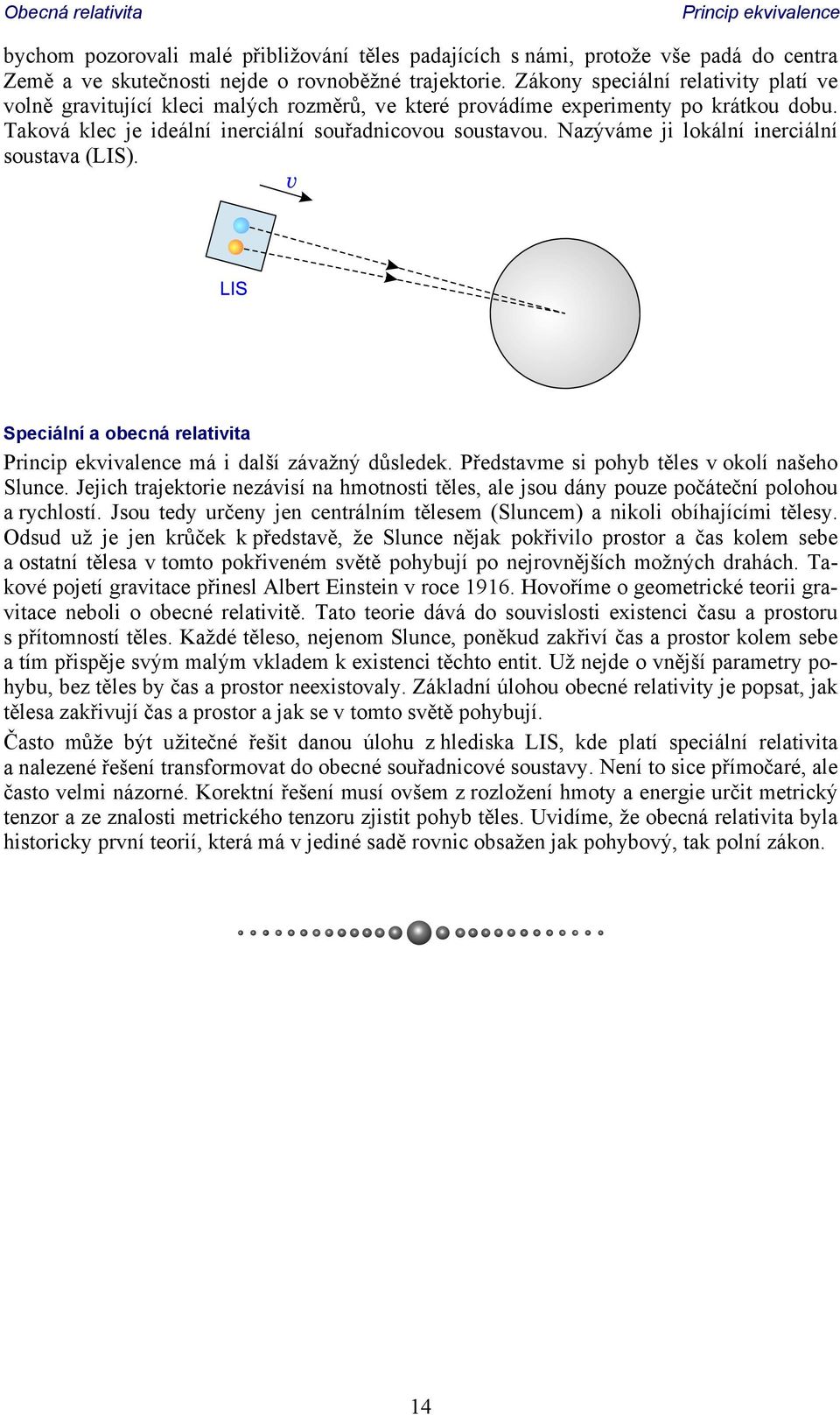 Nazýváme ji lokální inerciální soustava (LIS). Speciální a obecná relativita Princip ekvivalence má i další závažný důsledek. Představme si pohyb těles v okolí našeho Slunce.