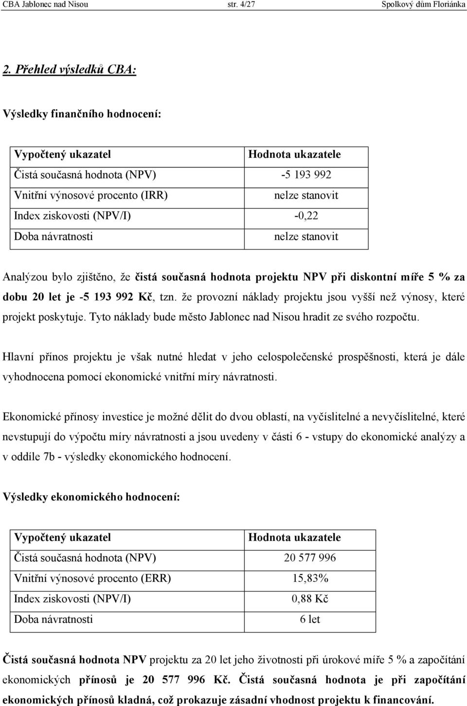 (NPV/I) -0,22 Doba návratnosti nelze stanovit Analýzou bylo zjištěno, že čistá současná hodnota projektu NPV při diskontní míře 5 % za dobu 20 let je -5 193 992 Kč, tzn.