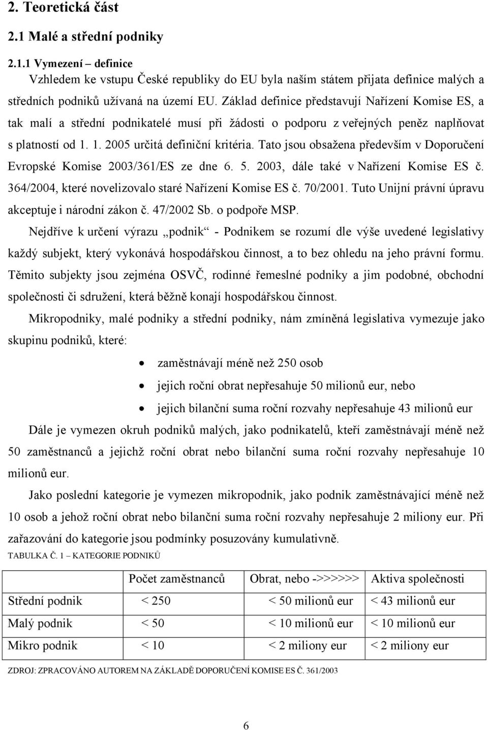 Tato jsou obsaţena především v Doporučení Evropské Komise 2003/361/ES ze dne 6. 5. 2003, dále také v Nařízení Komise ES č. 364/2004, které novelizovalo staré Nařízení Komise ES č. 70/2001.