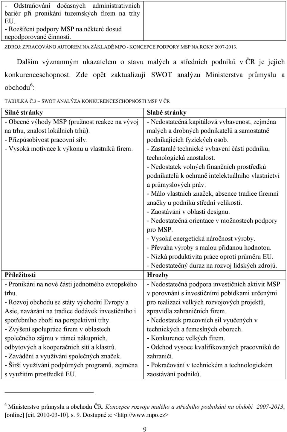 Zde opět zaktualizuji SWOT analýzu Ministerstva průmyslu a obchodu 6 : TABULKA Č.