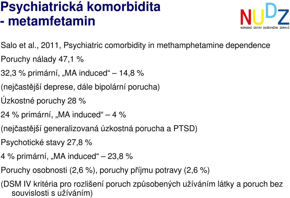 deprese, dále bipolární porucha) Úzkostné poruchy 28 % 24 % primární, MA induced 4 % (nejčastější generalizovaná úzkostná porucha a