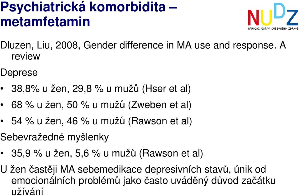 žen, 46 % u mužů (Rawson et al) Sebevražedné myšlenky 35,9 % u žen, 5,6 % u mužů (Rawson et al) U žen