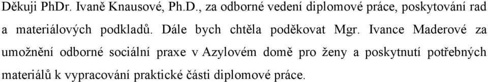 Ivance Maderové za umoţnění odborné sociální praxe v Azylovém domě pro ţeny