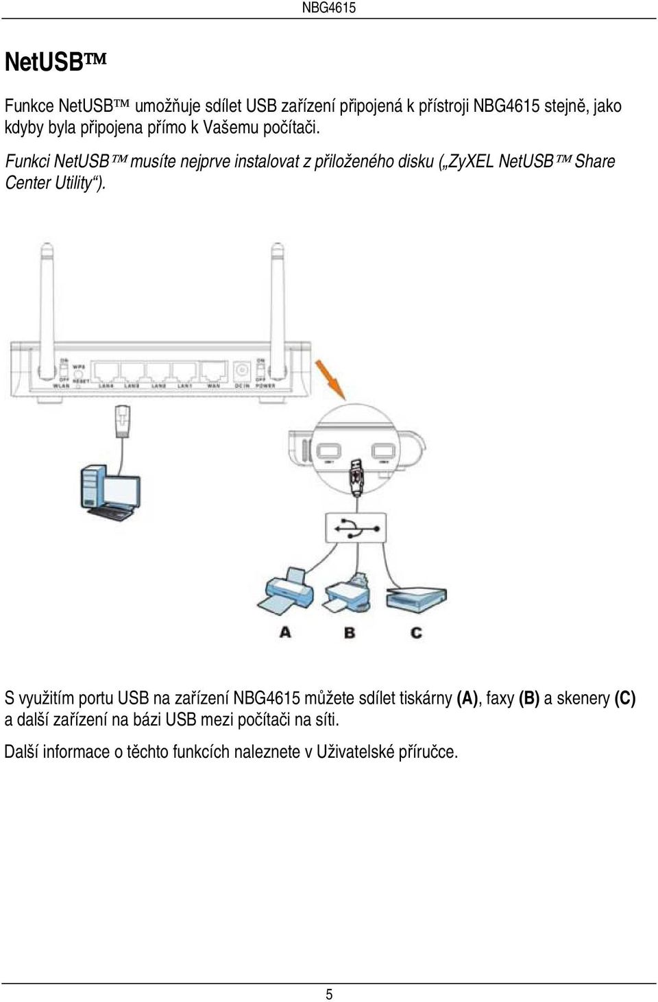 Funkci NetUSB musíte nejprve instalovat z přiloženého disku ( ZyXEL NetUSB Share Center Utility ).