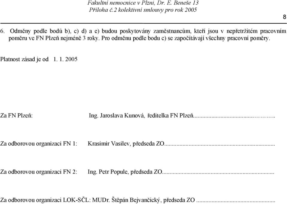 1. 2005 Za FN Plzeň: Ing. Jaroslava Kunová, ředitelka FN Plzeň..... Za odborovou organizaci FN 1: Krasimir Vasilev, předseda ZO.