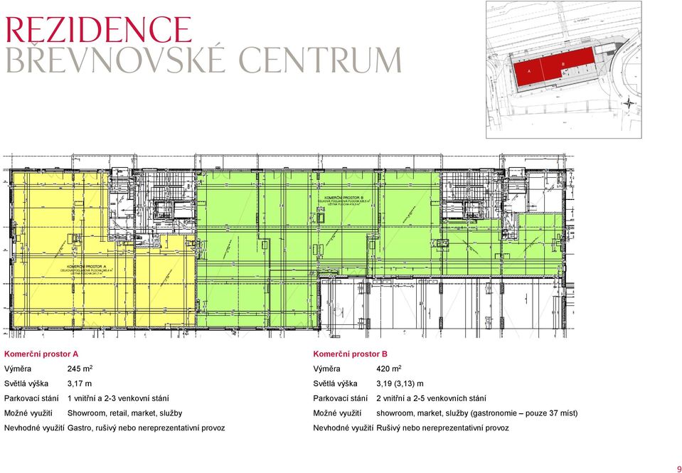 nereprezentativní provoz prostor B Výměra 420 m 2 Světlá výška 3,19 (3,13) m Parkovací stání 2 vnitřní a 2-5