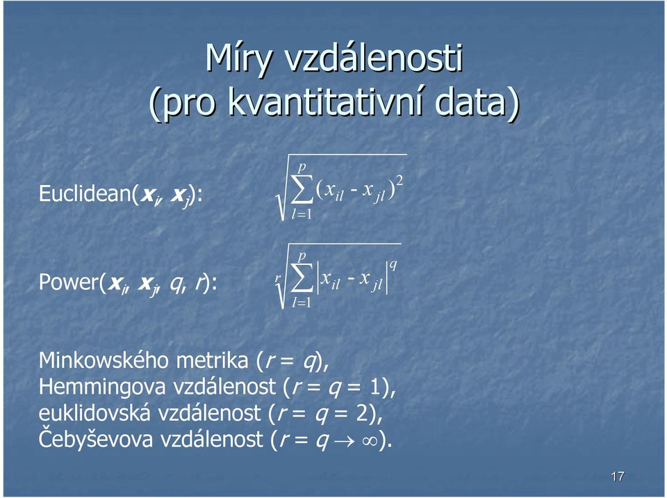 Minkowského metrika (r = q), Hemmingova vzdálenost (r = q = ),