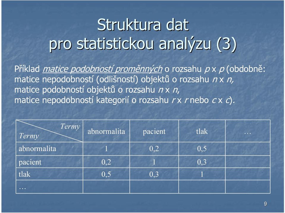 podobností objektů o rozsahu n x n, matice nepodobností kategorií o rozsahu r x r nebo c