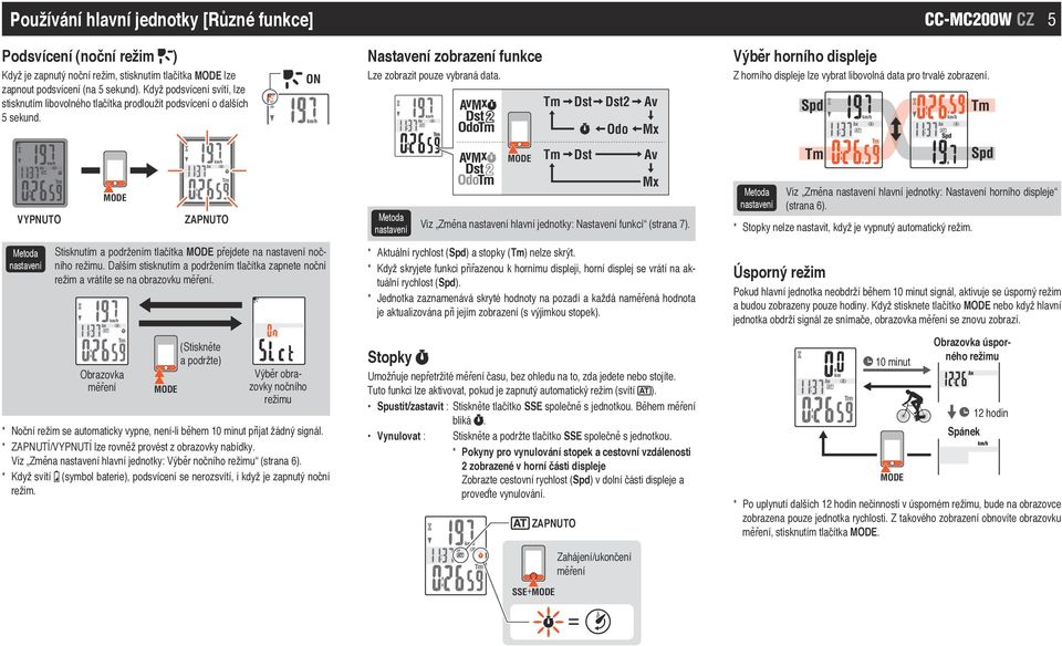 Tm Dst Dst2 Av Odo Mx Z horního displeje lze vybrat libovolná data pro trvalé zobrazení. Spd Tm Tm Dst Av Tm Spd VYPNUTO ZAPNUTO Metoda Mx Viz Změna hlavní jednotky: Nastavení funkcí (strana 7).