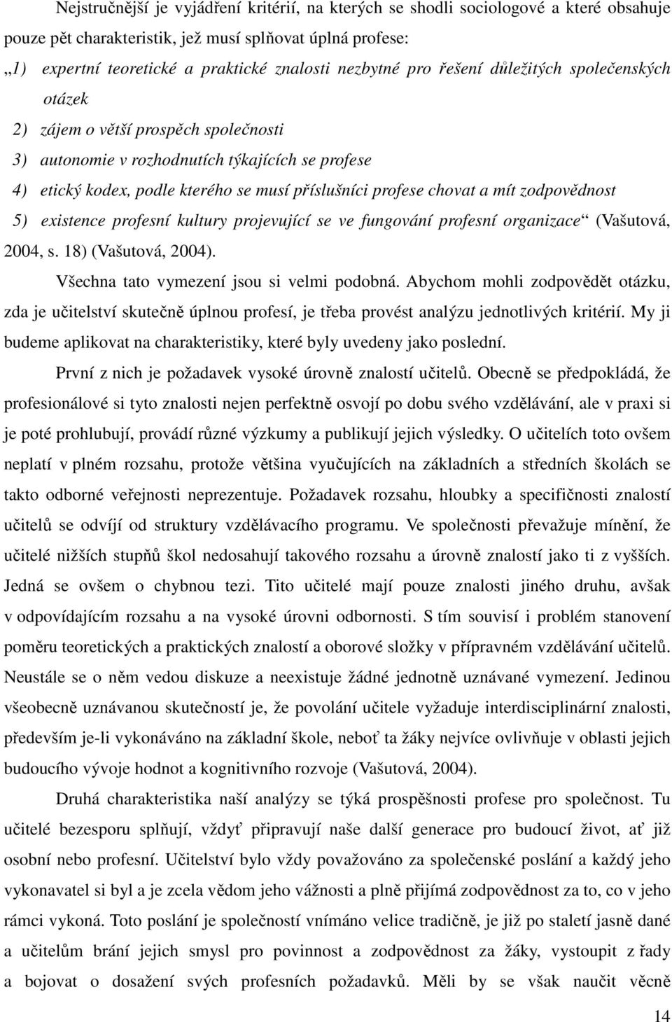 mít zodpovědnost 5) existence profesní kultury projevující se ve fungování profesní organizace (Vašutová, 2004, s. 18) (Vašutová, 2004). Všechna tato vymezení jsou si velmi podobná.