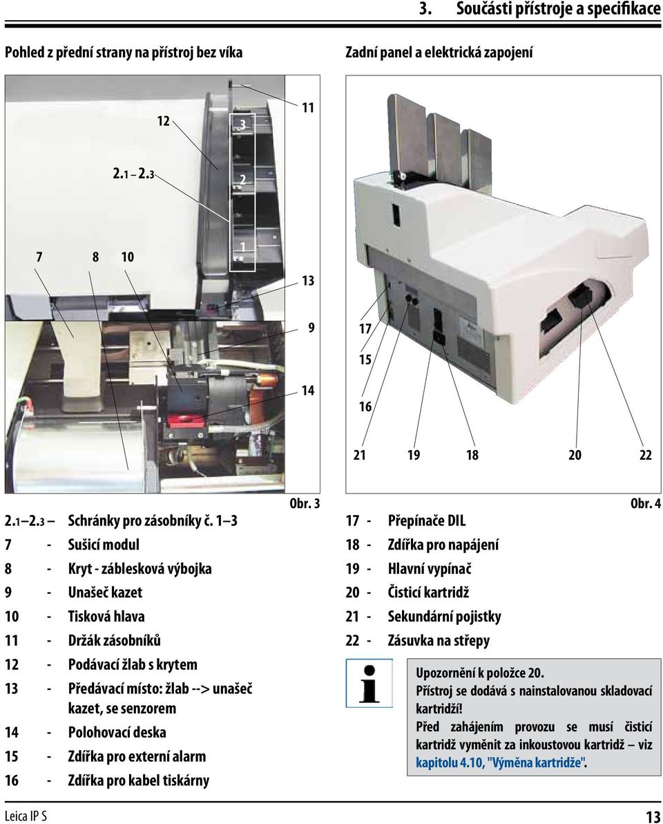 Polohovací deska 15 - Zdířka pro externí alarm 16 - Zdířka pro kabel tiskárny Leica IP S Obr.