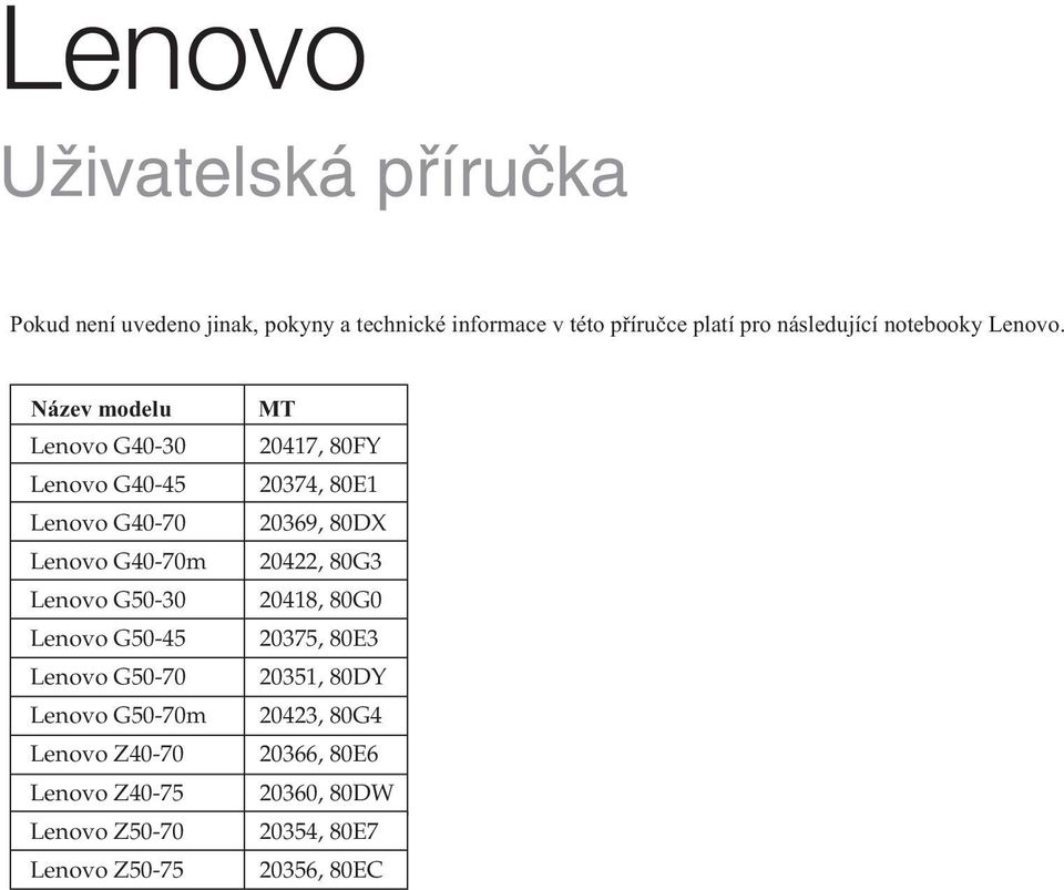 Název modelu Lenovo G40-30 Lenovo G40-45 Lenovo G40-70 Lenovo G40-70m Lenovo G50-30 Lenovo G50-45 Lenovo G50-70