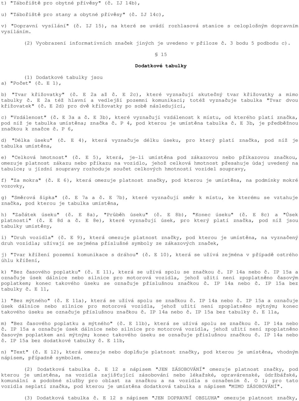 (1) Dodatkové tabulky jsou a) "Počet" (č. E 1), 15 Dodatkové tabulky b) "Tvar křižovatky" (č. E 2a až č. E 2c), které vyznačují skutečný tvar křižovatky a mimo tabulky č.