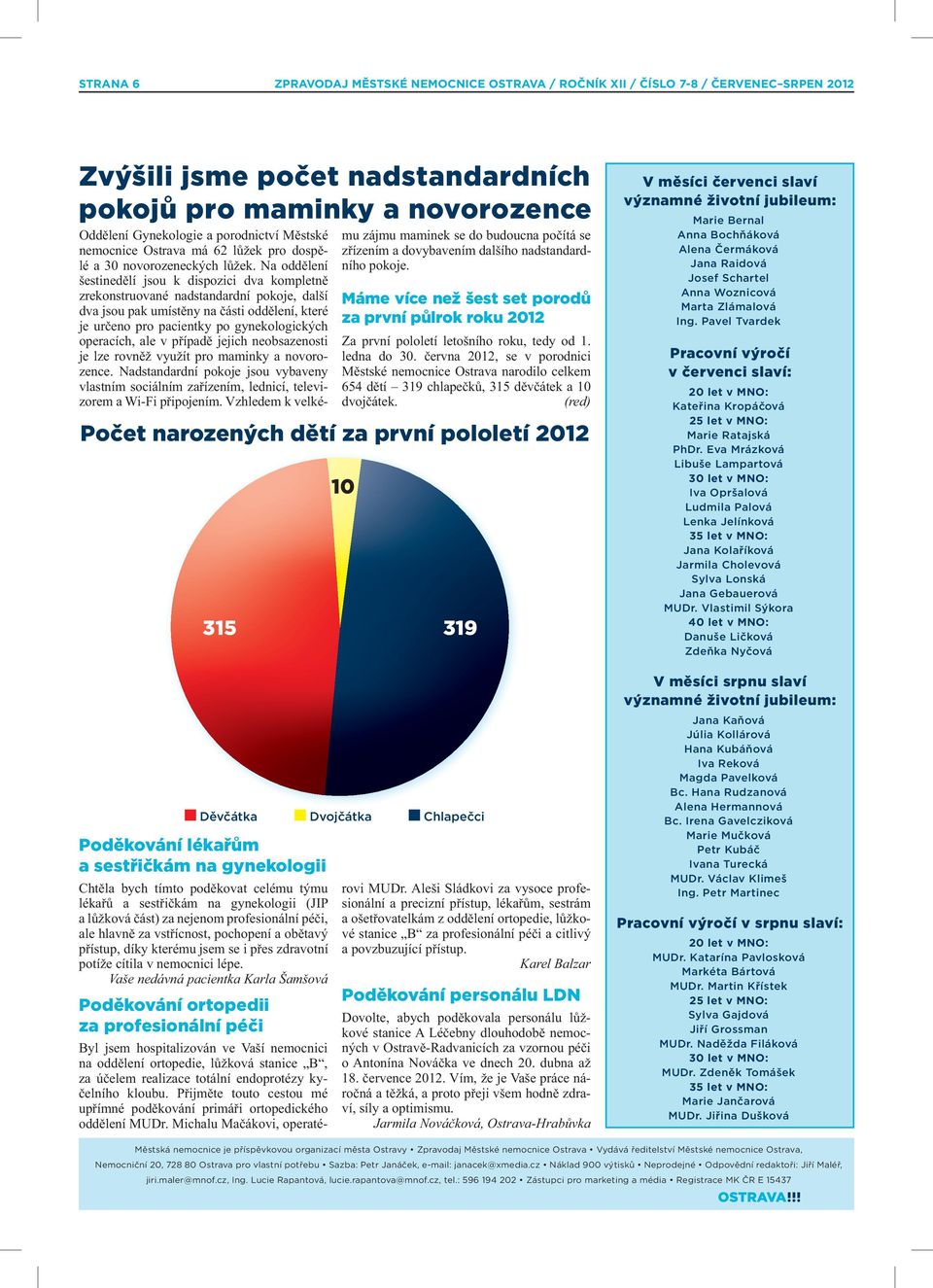 profesionální péči, ale hlavně za vstřícnost, pochopení a obětavý přístup, díky kterému jsem se i přes zdravotní potíže cítila v nemocnici lépe.