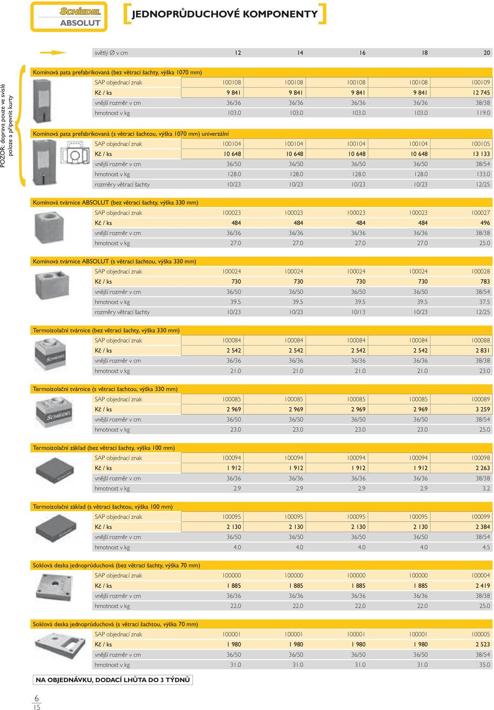 0 Komínová pata prefabrikovaná (s větrací šachtou, výška 1070 mm) univerzální SAP objednací znak 100104 100104 100104 100104 100105 Kč / ks 10 648 10 648 10 648 10 648 13 133 vnější rozměr v cm 36/50