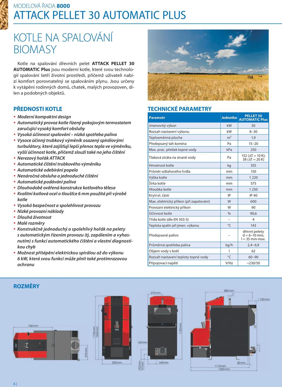 PŘEDNOSTI KOTLe y Moderní kompaktní design y Automatický provoz kotle řízený pokojovým termostatem zaručující vysoký komfort obsluhy y Vysoká účinnost spalování nízká spotřeba paliva y Vysoce účinný