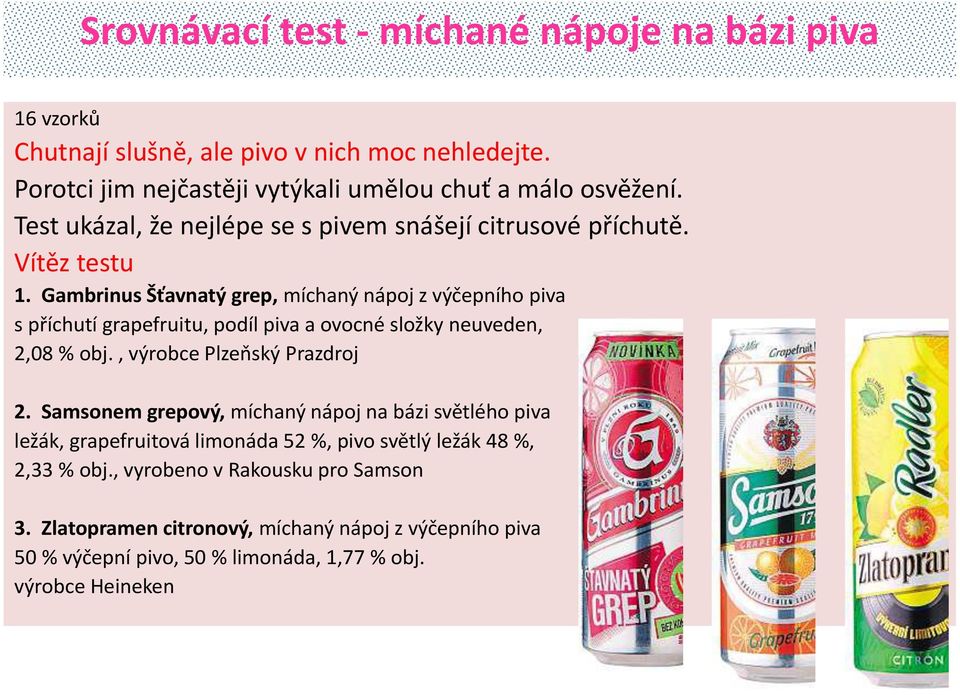 Gambrinus Šťavnatý grep, míchaný nápoj z výčepního piva s příchutí grapefruitu, podíl piva a ovocné složky neuveden, 2,08 % obj., výrobce Plzeňský Prazdroj 2.