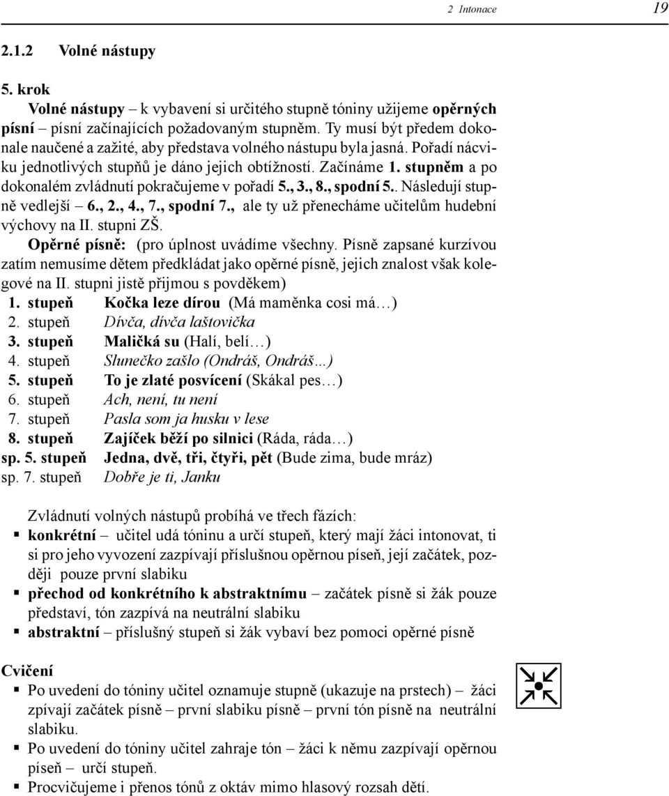 stupněm a po dokonalém zvládnutí pokračujeme v pořadí 5., 3., 8., spodní 5.. Následují stupně vedlejší 6., 2., 4., 7., spodní 7., ale ty už přenecháme učitelům hudební výchovy na II. stupni ZŠ.